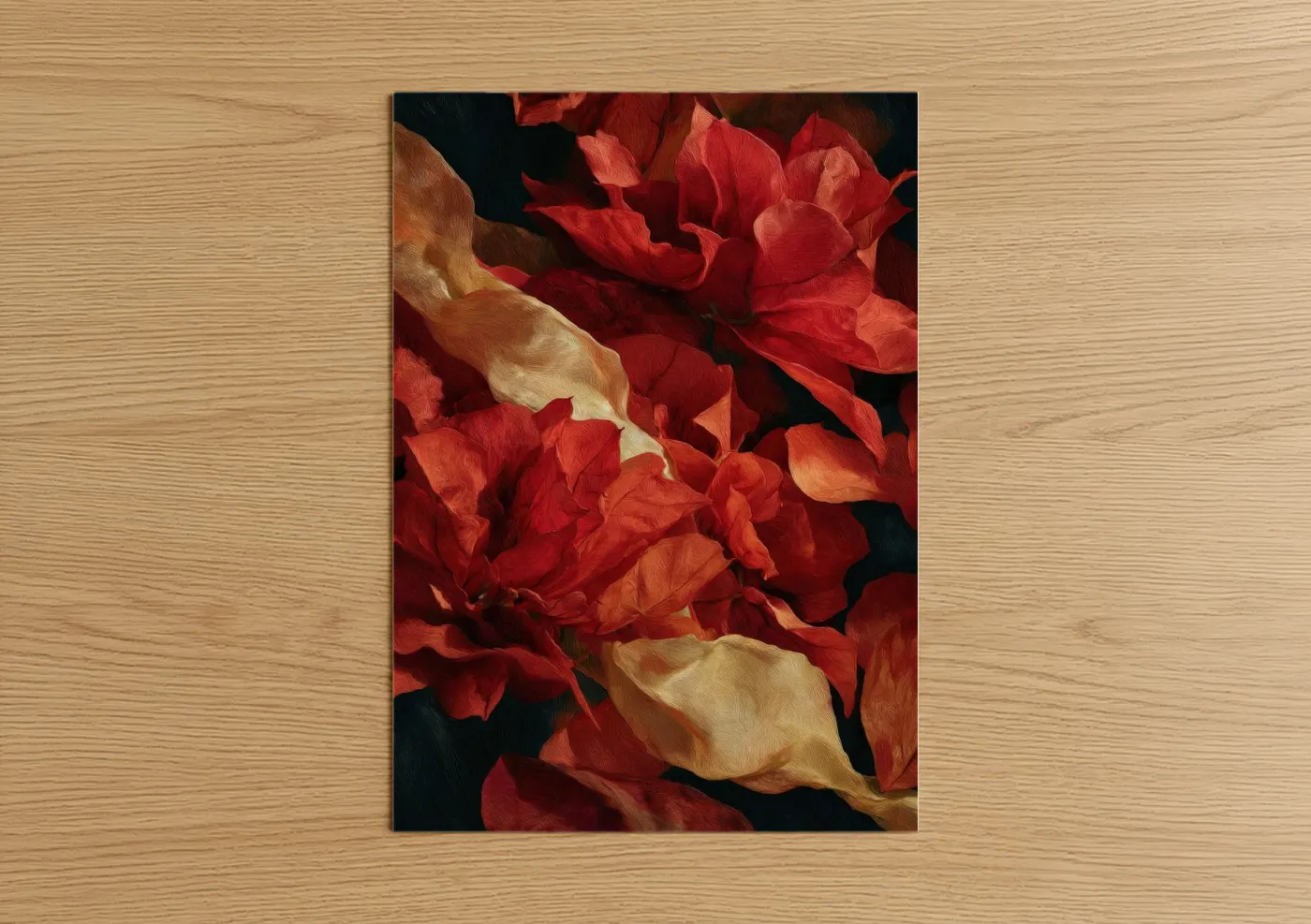 Art print on warm oak wood — red and gold palette — Crimson Poinsettias poster