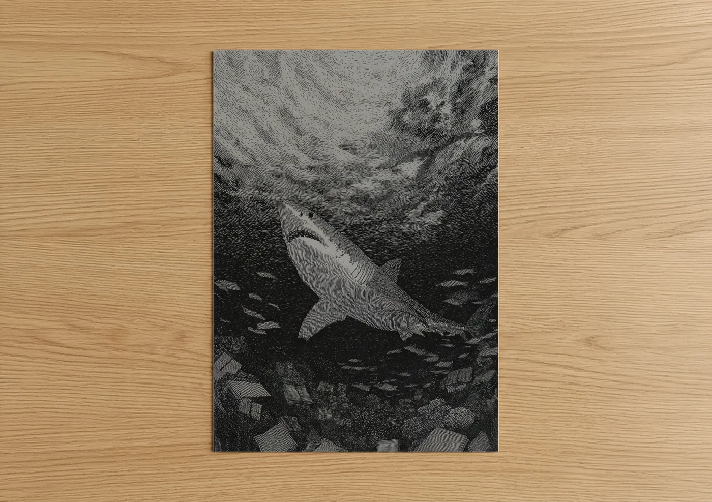 Great white shark art print on warm oak wood — black and white palette — Ascending Predator poster