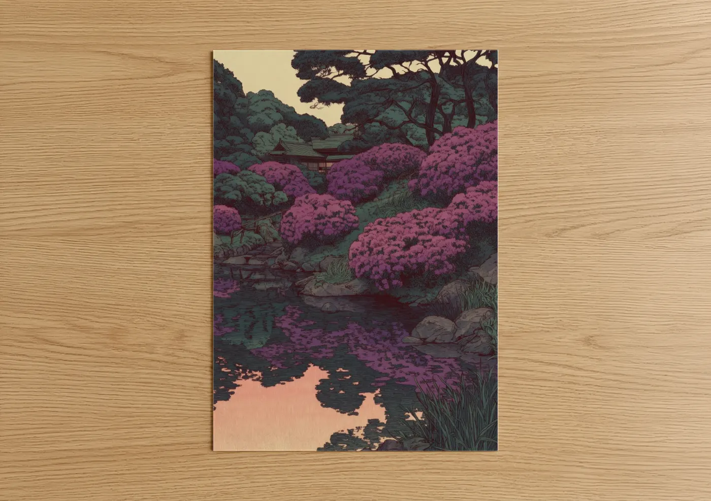 Rhododendron art print on warm oak wood — magenta and dark green palette — Magenta Garden Stream poster