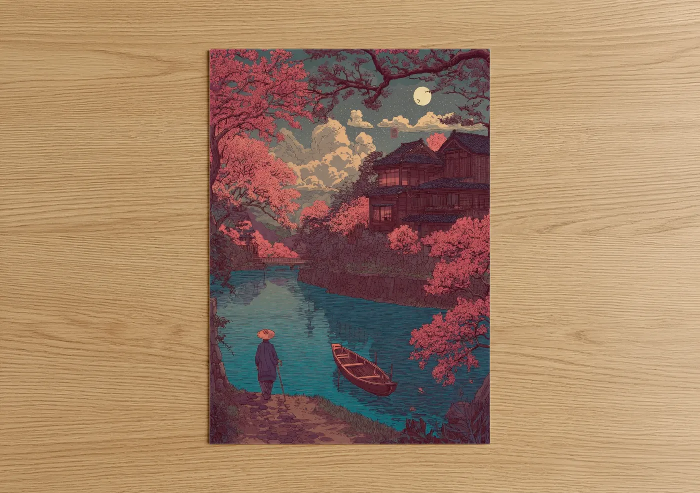 Cherry Blossom Moon Japanese Landscape Wall Art