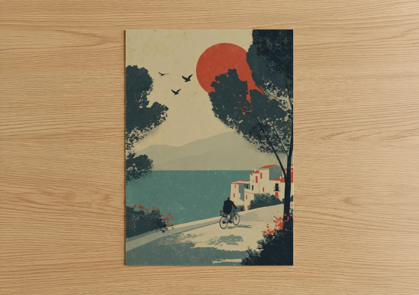 Lakeside Cyclist Vintage Travel Wall Art
