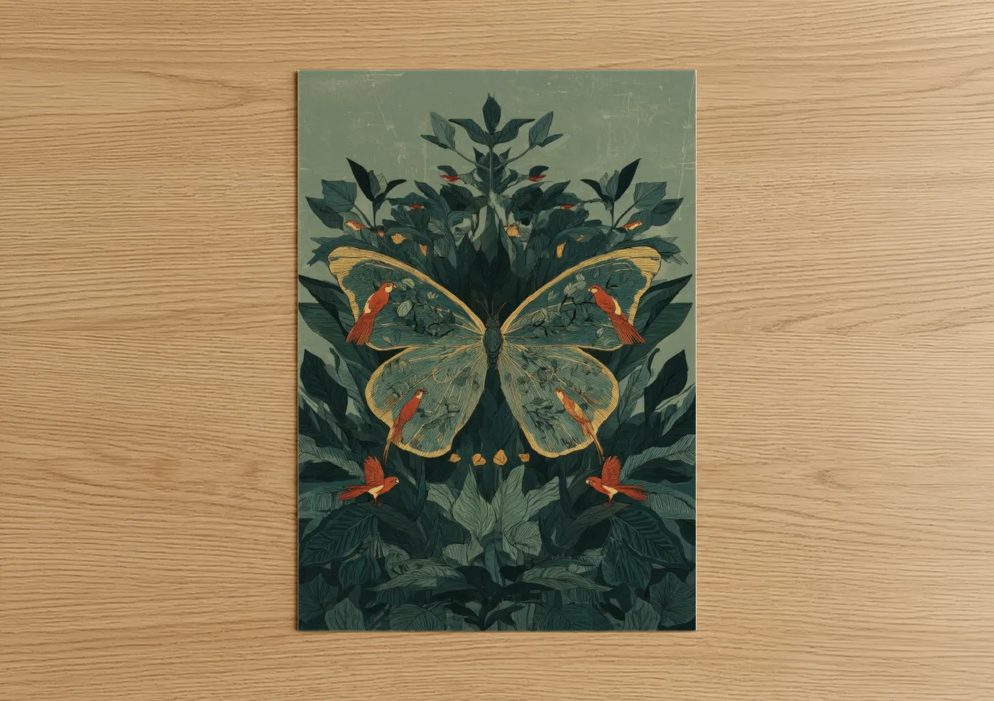 Art print on warm oak wood — sage green and gold and pink palette — Golden Butterfly Garden poster