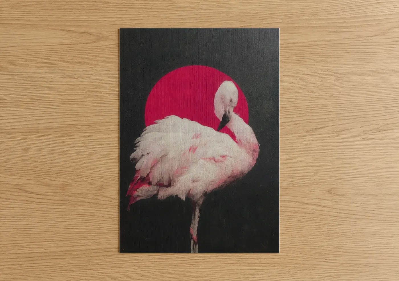 Art print on warm oak wood — pink and black and gold palette — Crimson Flamingo poster