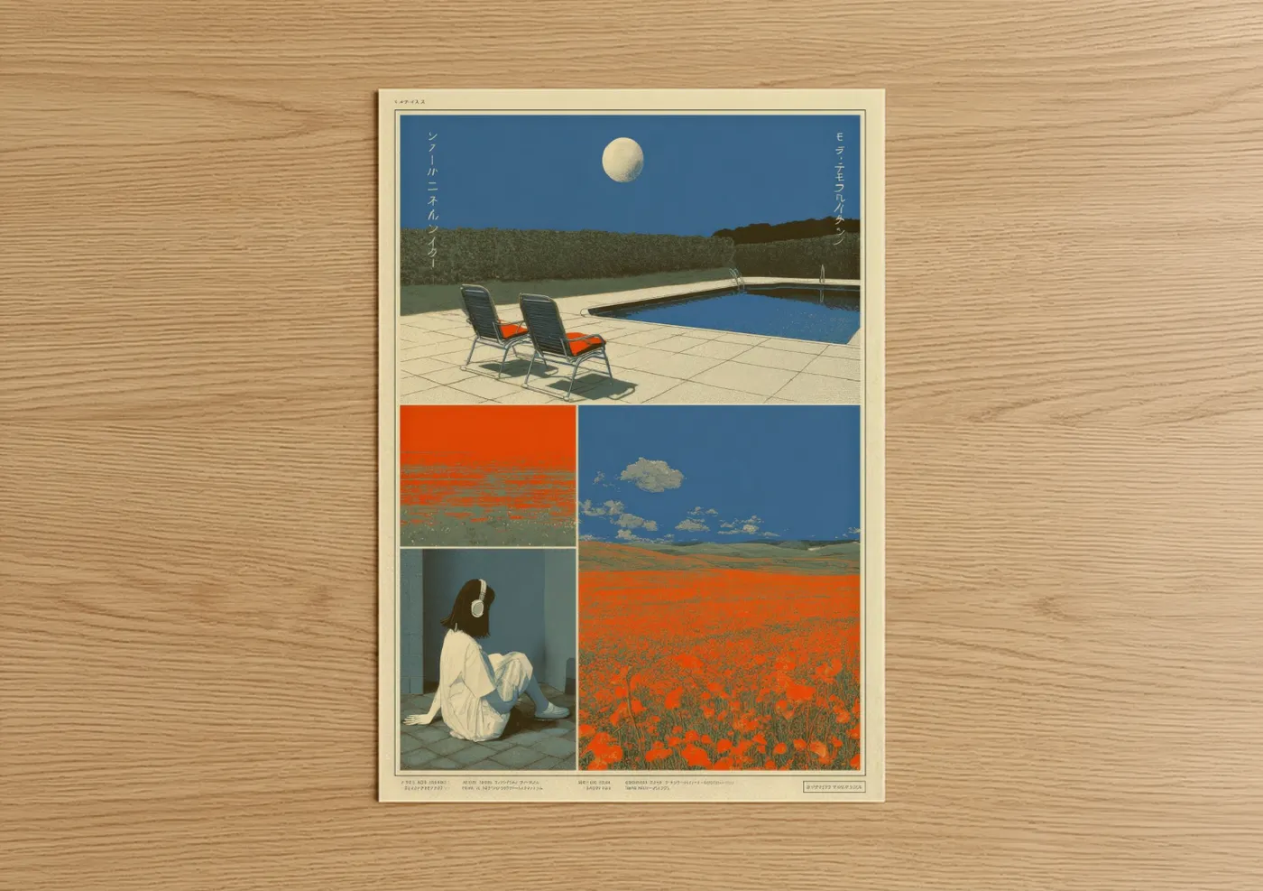 Japanese y2k art print on warm oak wood — orange and blue palette — Moonlit Poolside poster