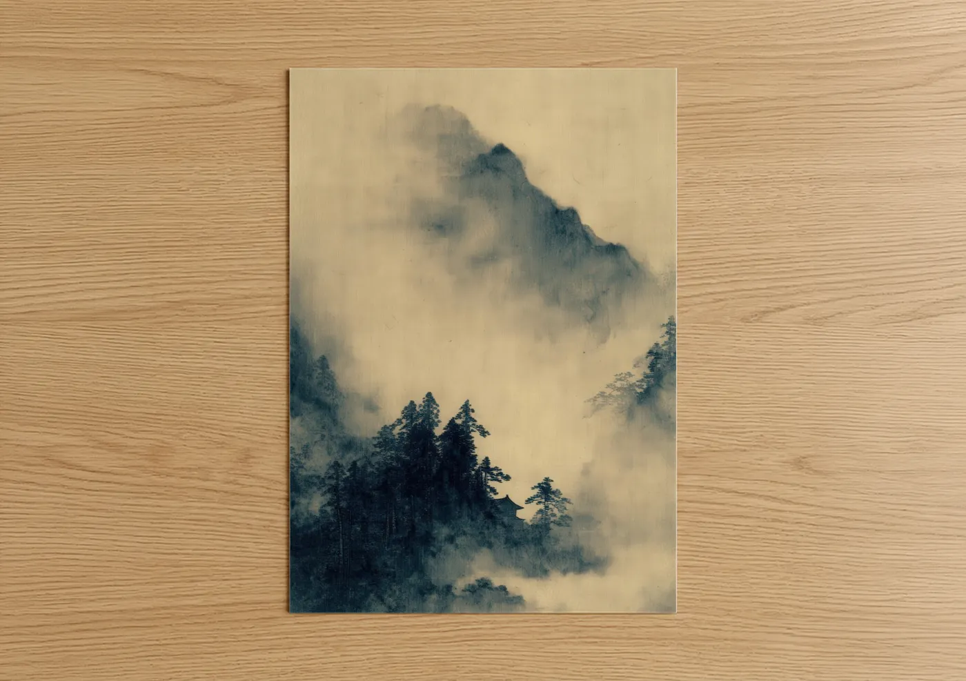 Art print on warm oak wood — cream and gray and white palette — Misty Mountain Peak poster