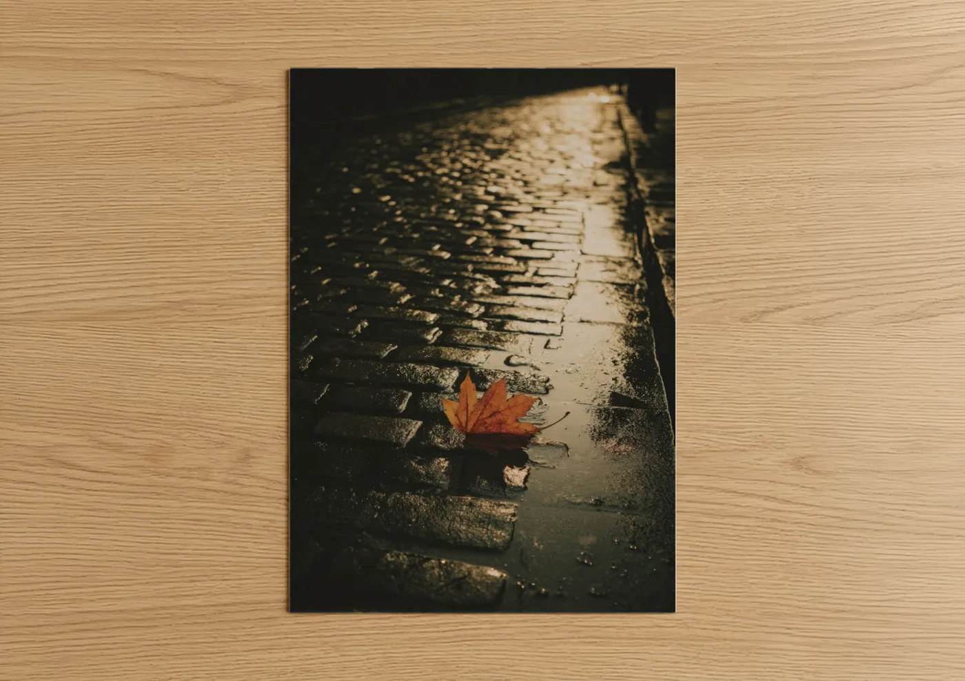Autumn Leaf on Wet Brick Pavement Wall Art