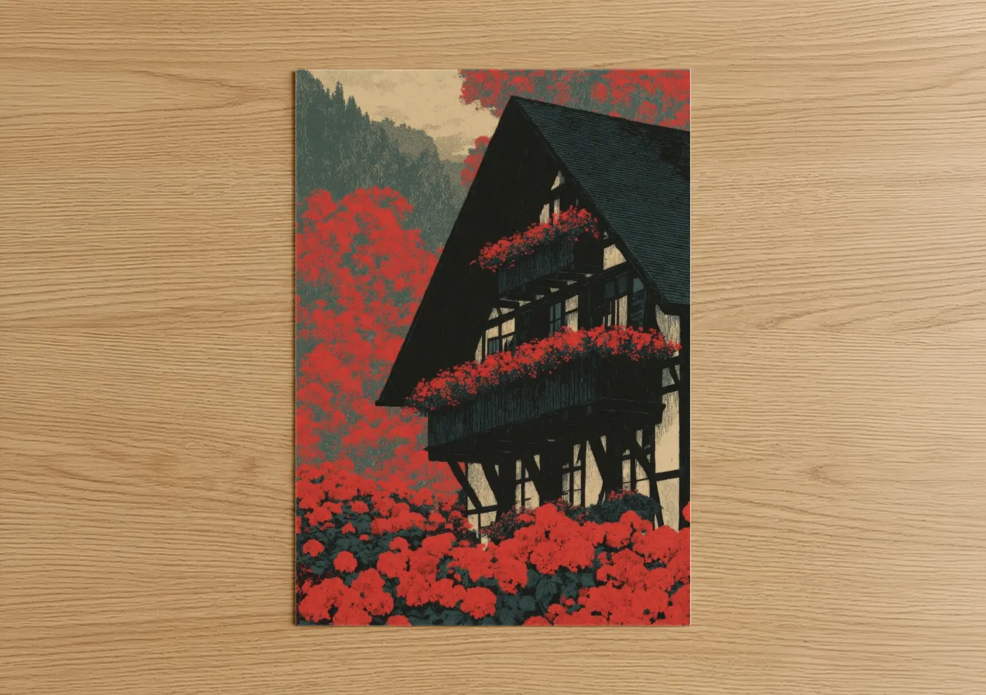 Art print on warm oak wood — red and black and white palette — Crimson Cottage Garden poster