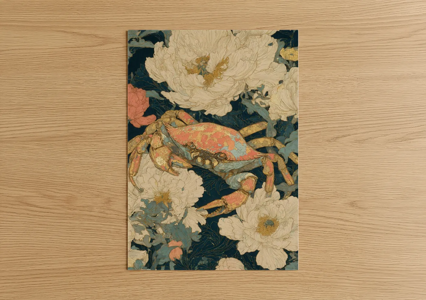Art print on warm oak wood — dark blue and salmon pink palette — Floral Crab poster