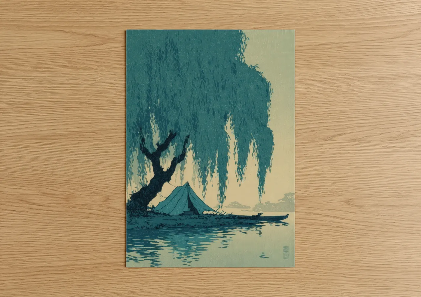 Camping art print on warm oak wood — teal and cream palette — Willow Campsite poster