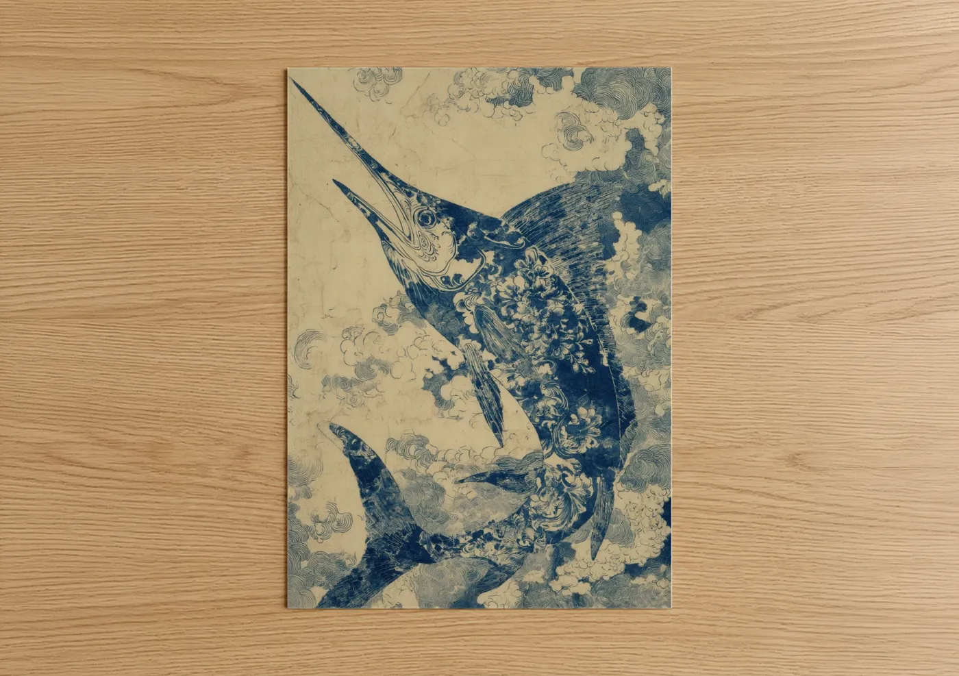 Azure Sailfish Japanese Woodblock Wall Art