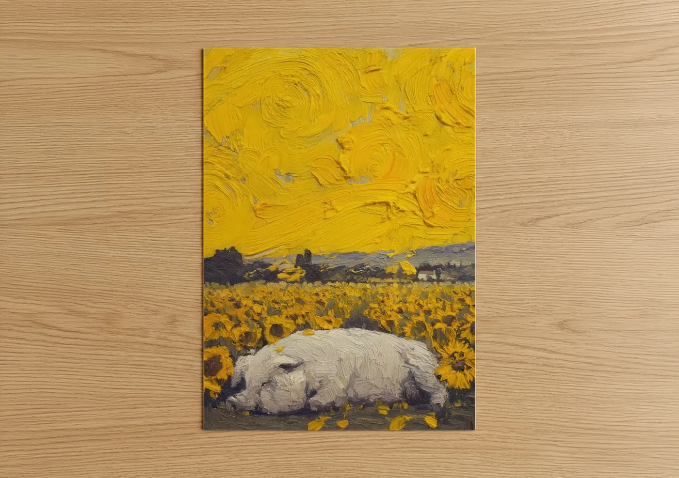 Pig in Sunflower Field Painting Wall Art