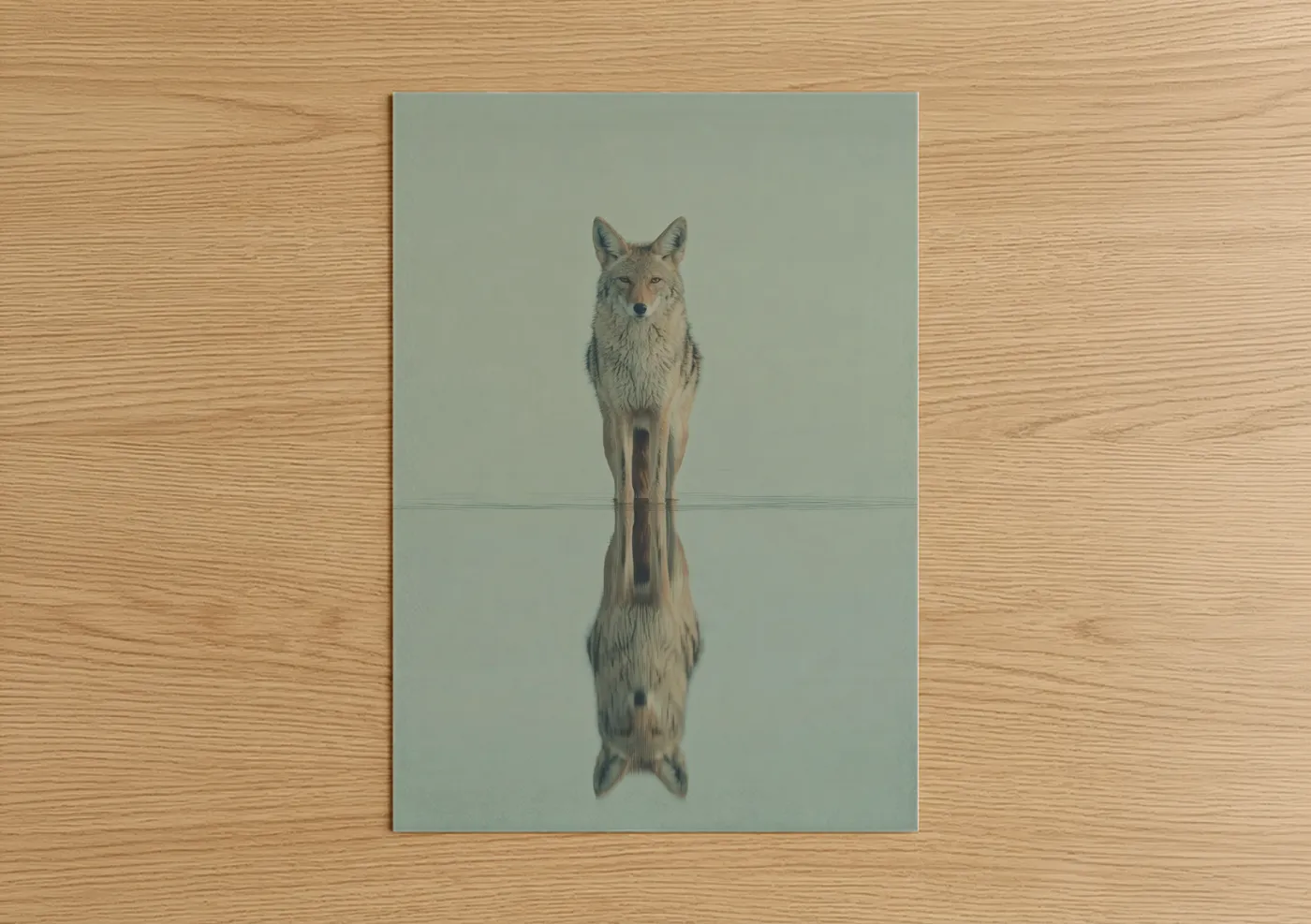 Art print on warm oak wood — sage green and gray palette — Mirror Coyote poster