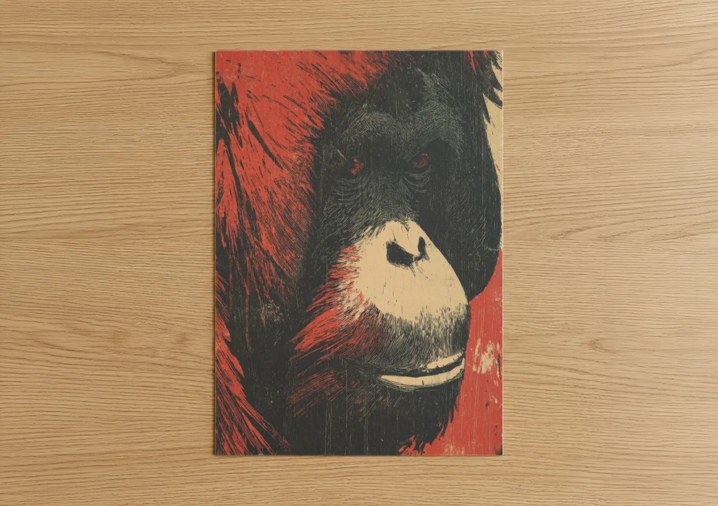 Art print on warm oak wood — red and black palette — Crimson Orangutan poster