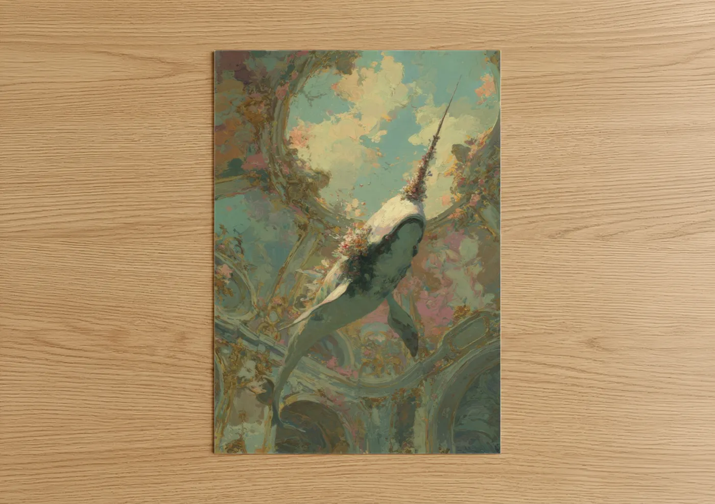 Art print on warm oak wood — teal and gold palette — Narwhal Ascent poster