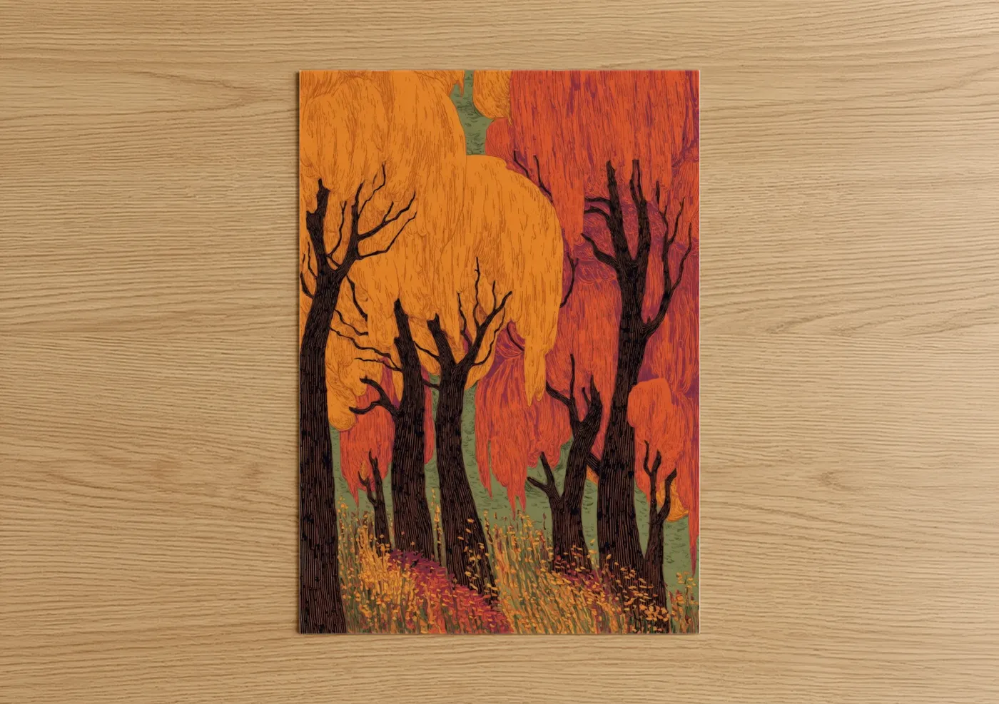 Art print on warm oak wood — orange and red palette — Autumn Willow Forest poster