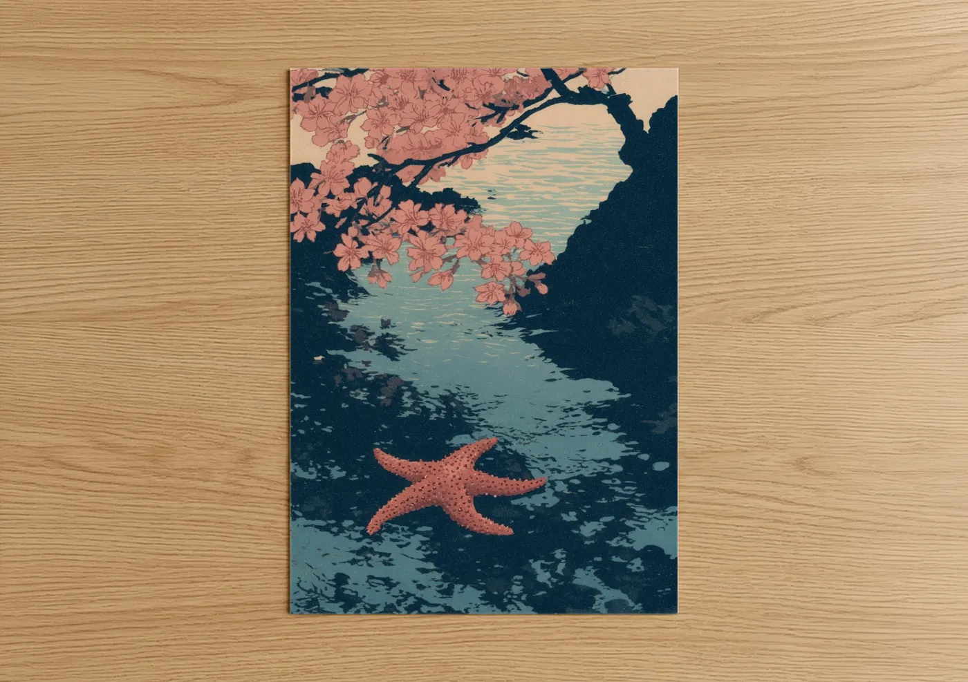Art print on warm oak wood — salmon pink and teal palette — Coastal Starfish poster