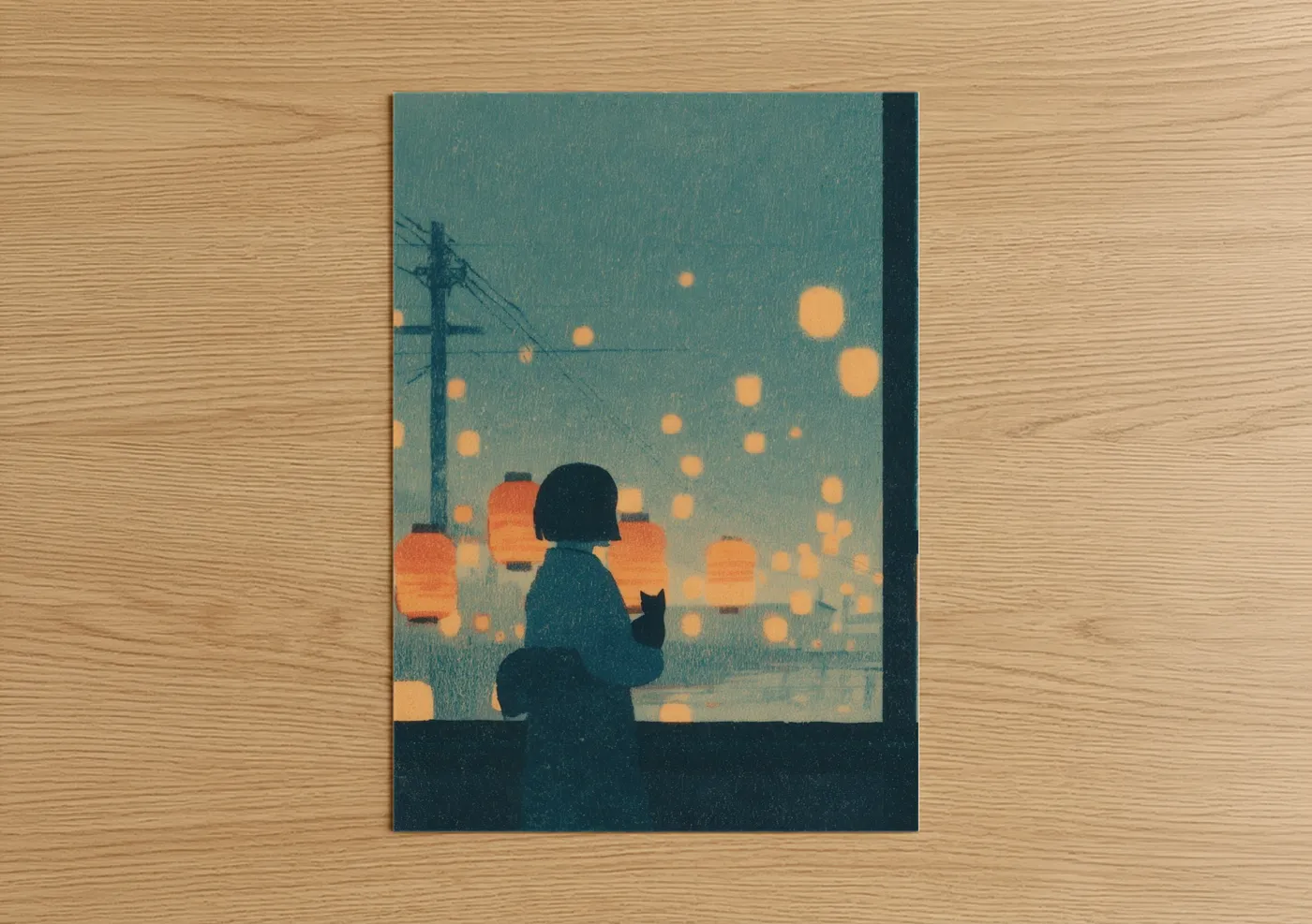 Child with Cat Lantern Night Illustration Wall Art