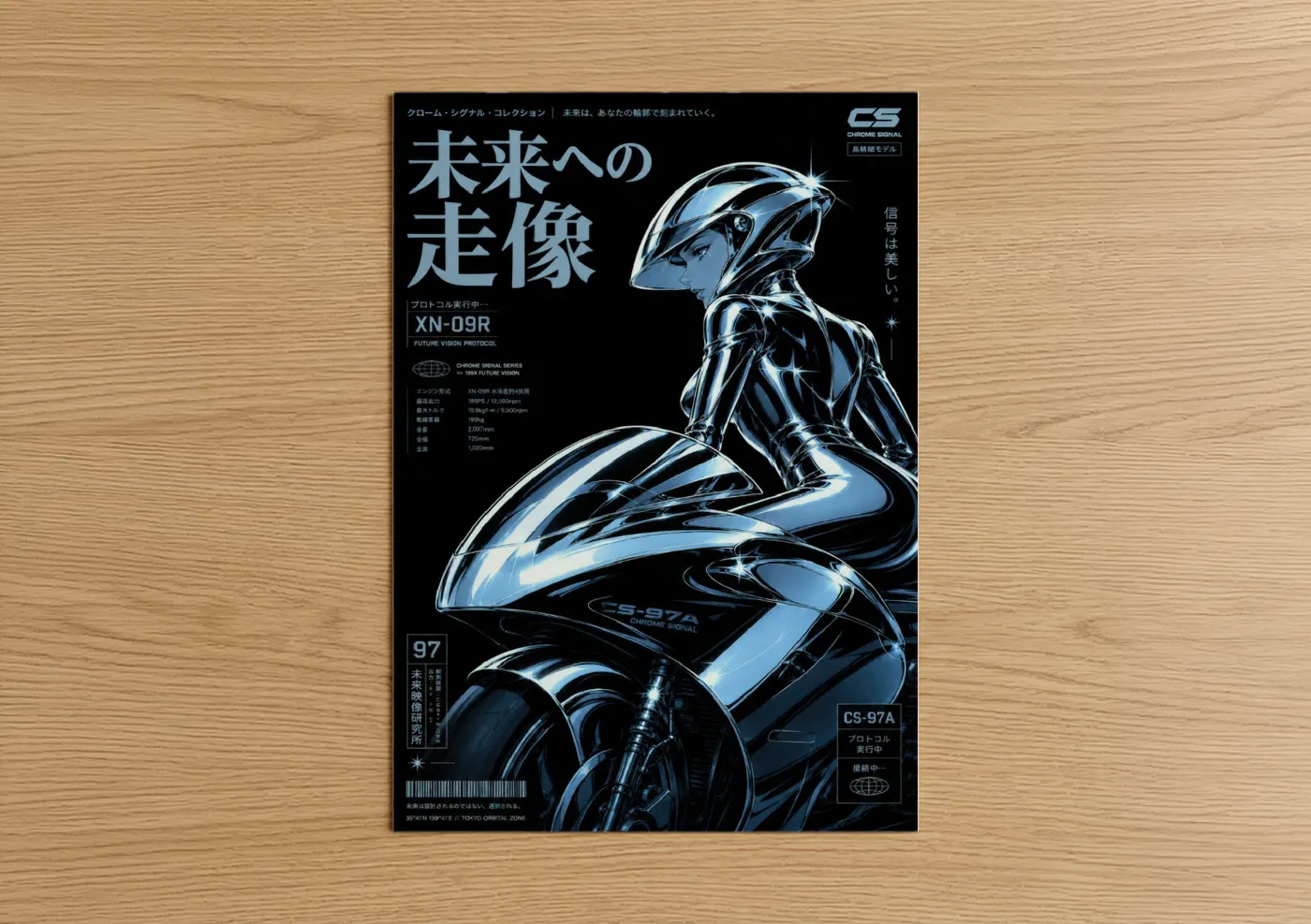 Extraterrestrial art print on warm oak wood — blue and black palette — Chrome Alien Rider Futuristic Wall Art poster