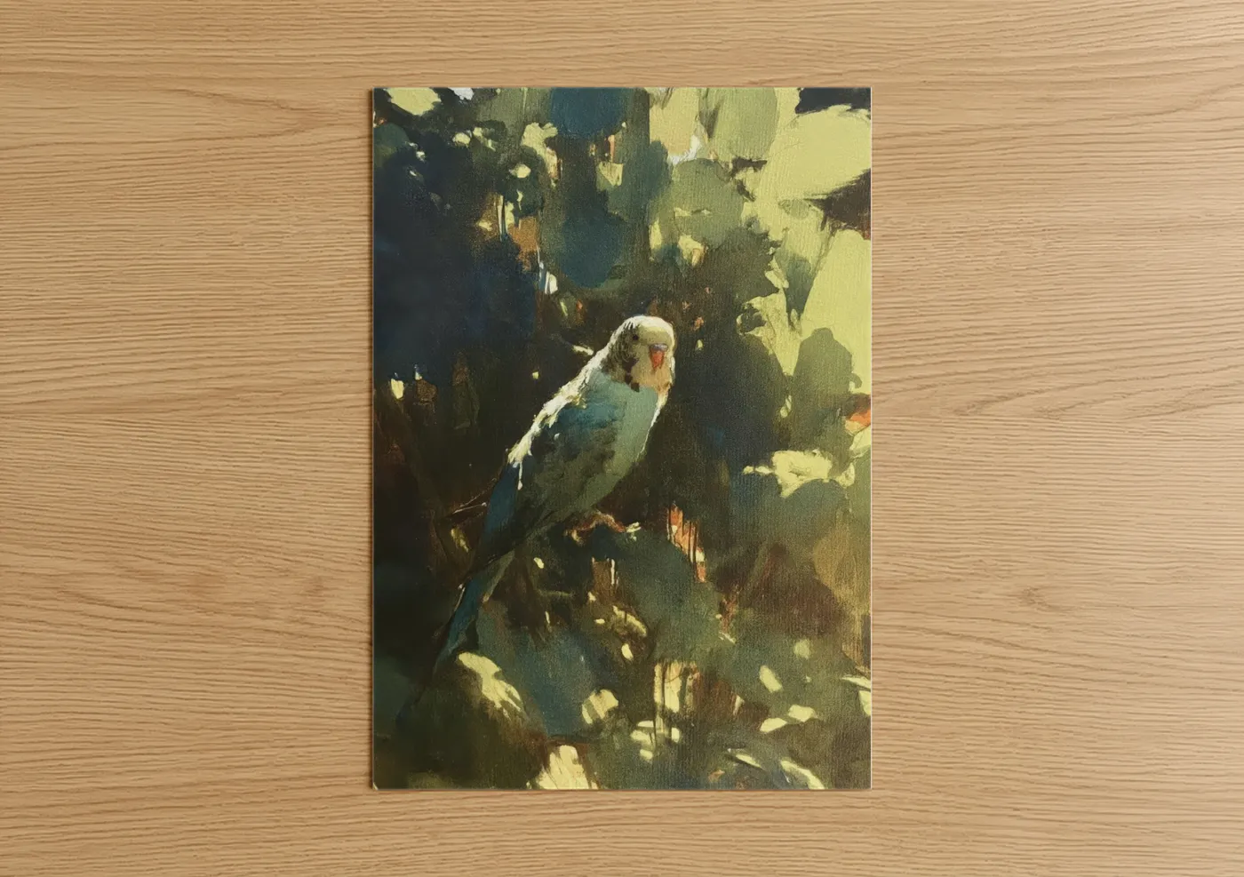 Sunlit Budgerigar Perched Among Foliage Wall Art