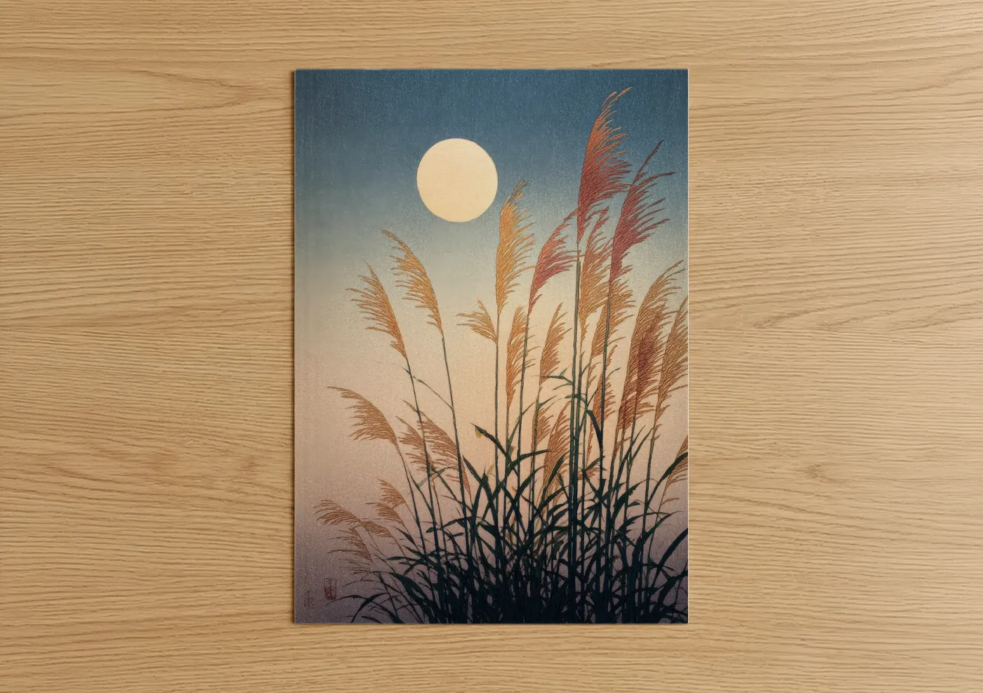 Grain art print on warm oak wood — blue and gold palette — Moonlit Grasses poster