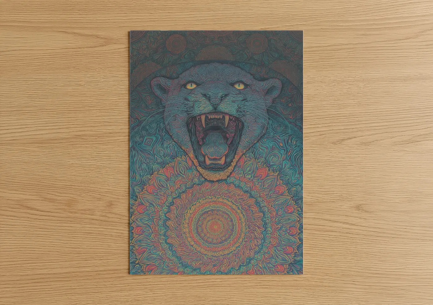 Art print on warm oak wood — teal and magenta palette — Mystic Panther poster