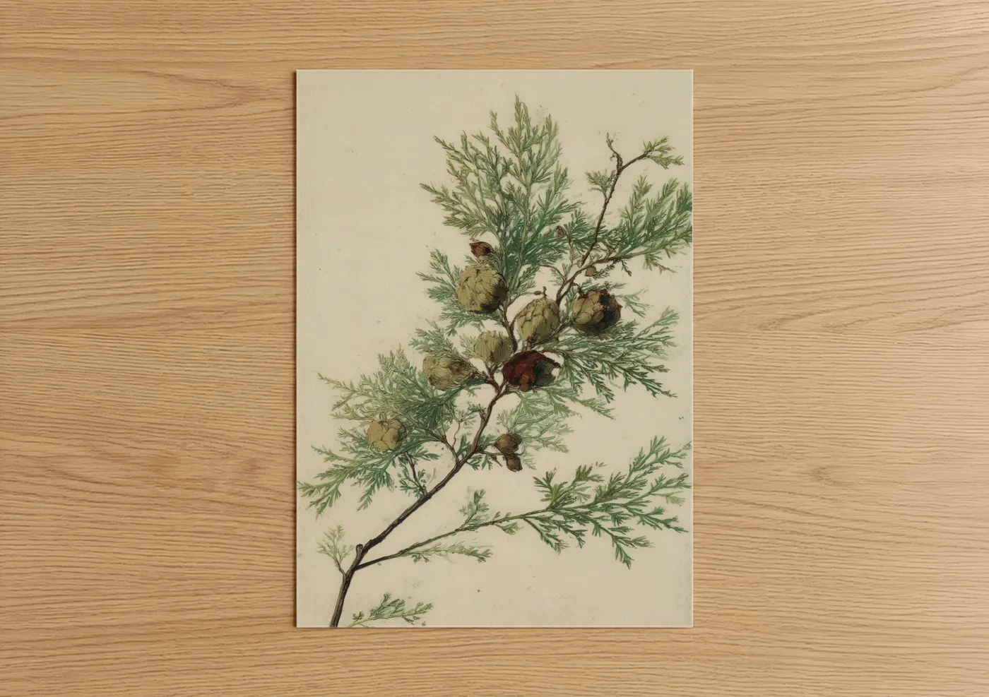 Cypress tree art print on warm oak wood — cream and dark green palette — Cypress Botanical poster