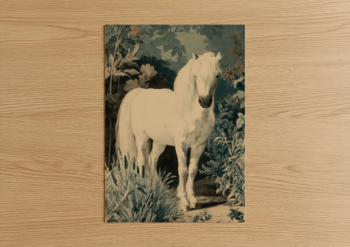Art print on warm oak wood — cream and dove gray palette — Cream Miniature Horse poster