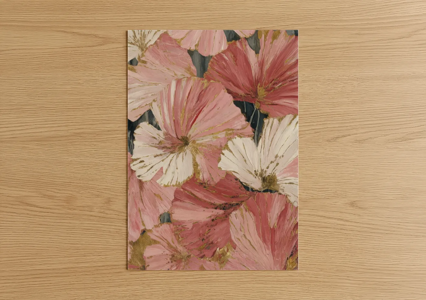 Art print on warm oak wood — pink and gold palette — Spring Florals poster