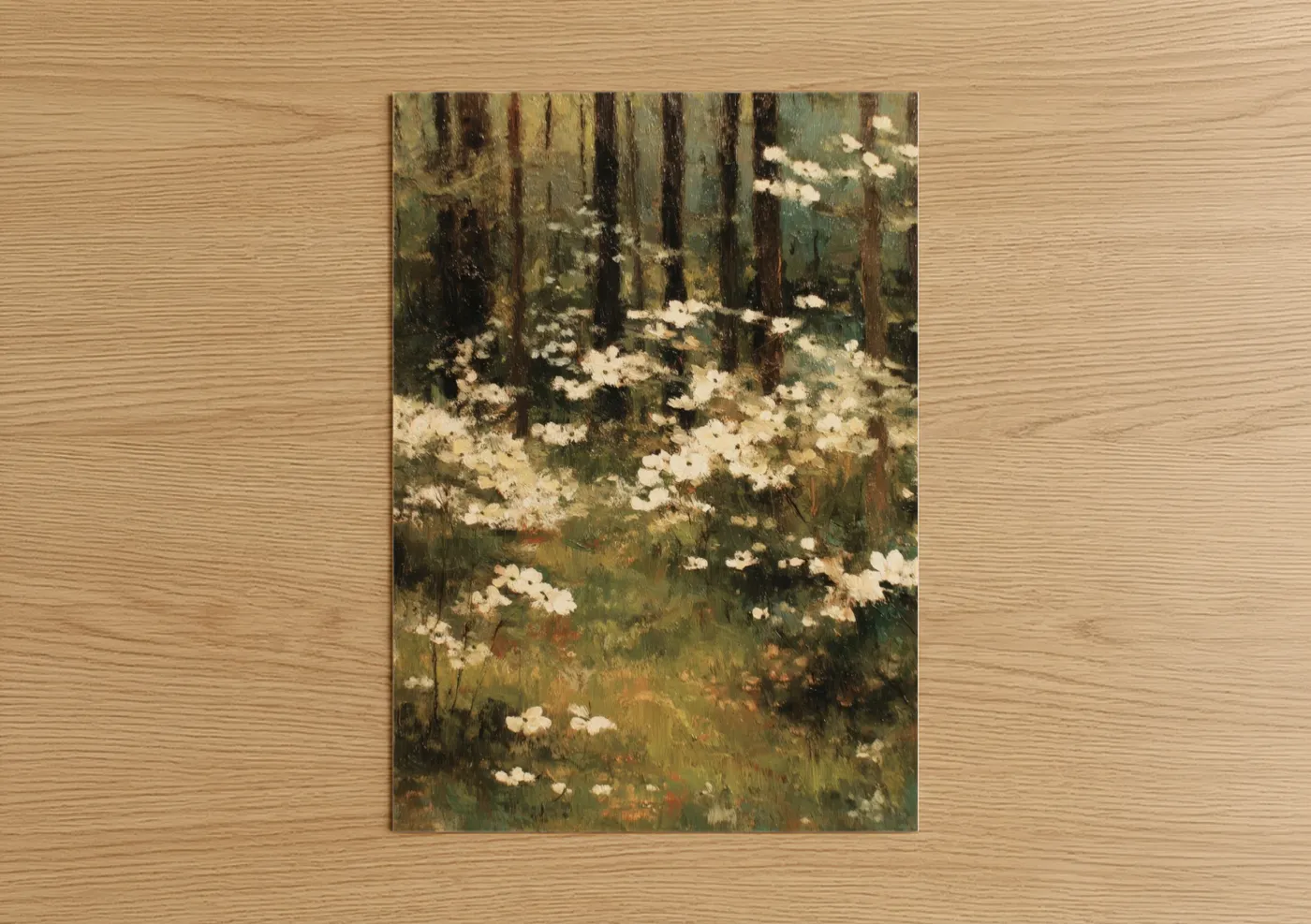 Art print on warm oak wood — white and dark green palette — Forest Dogwood poster