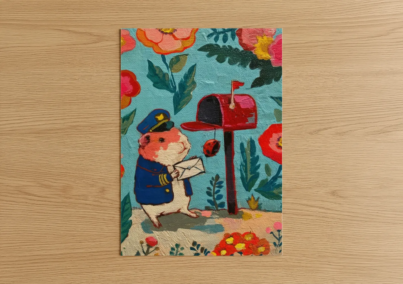 Art print on warm oak wood — blue and red palette — Postal Hamster poster