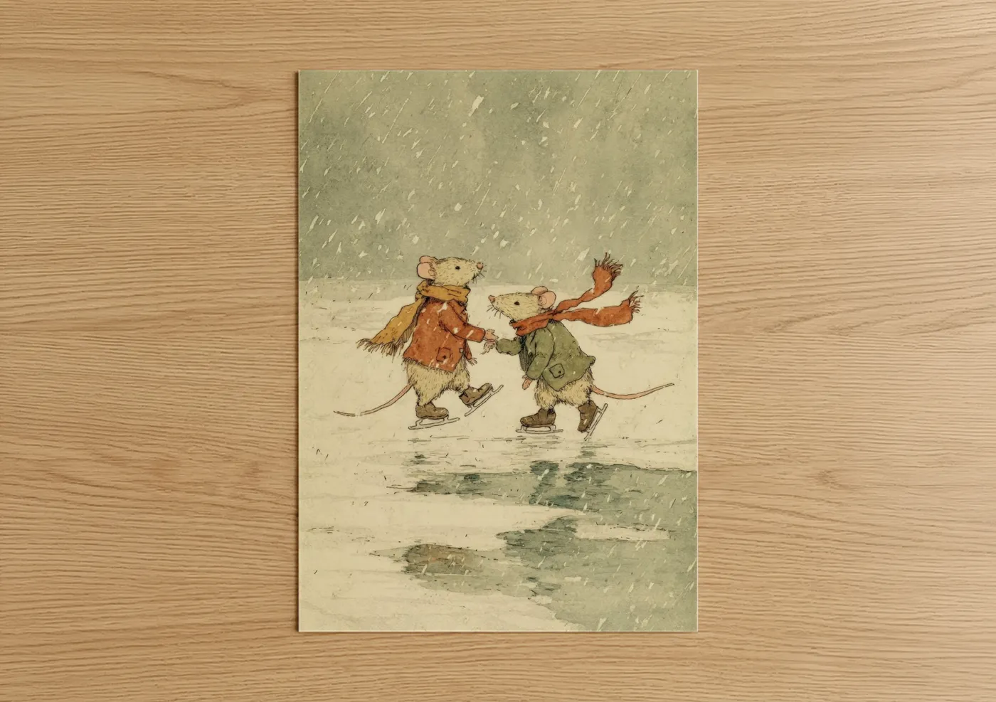 Whimsical Ice-Skating Mice Winter Scene Wall Art