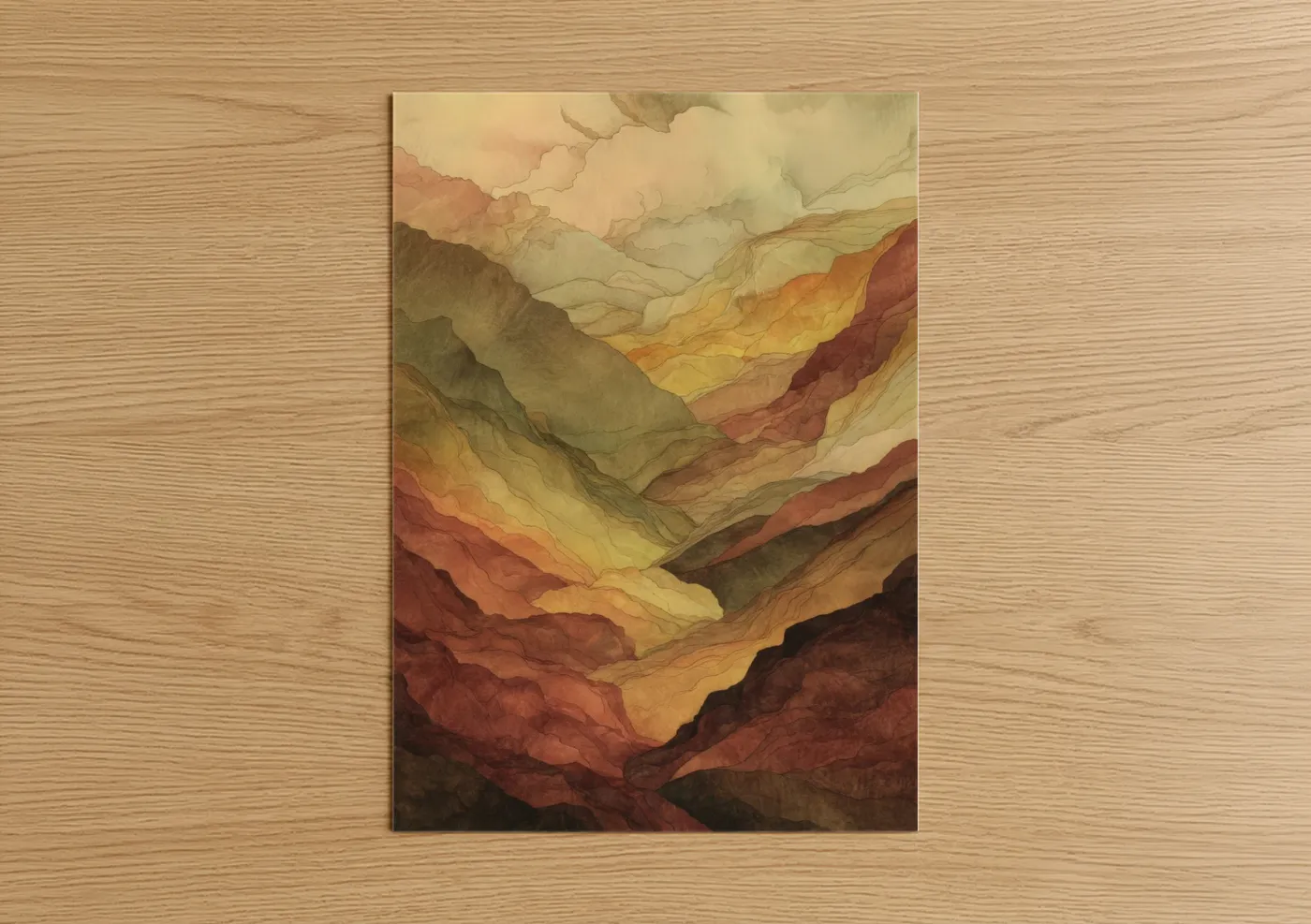 Art print on warm oak wood — gold and white and russet palette — Misty Canyon poster