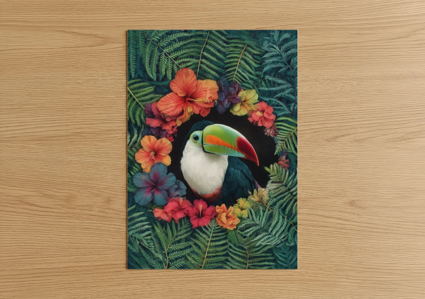 Art print on warm oak wood — green and orange palette — Tropical Toucan poster