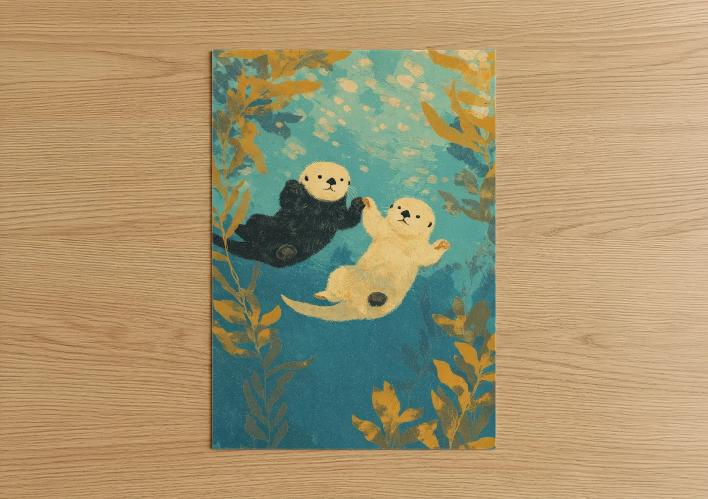 Animals in love art print on warm oak wood — teal and gold palette — Playful Otter Pair poster