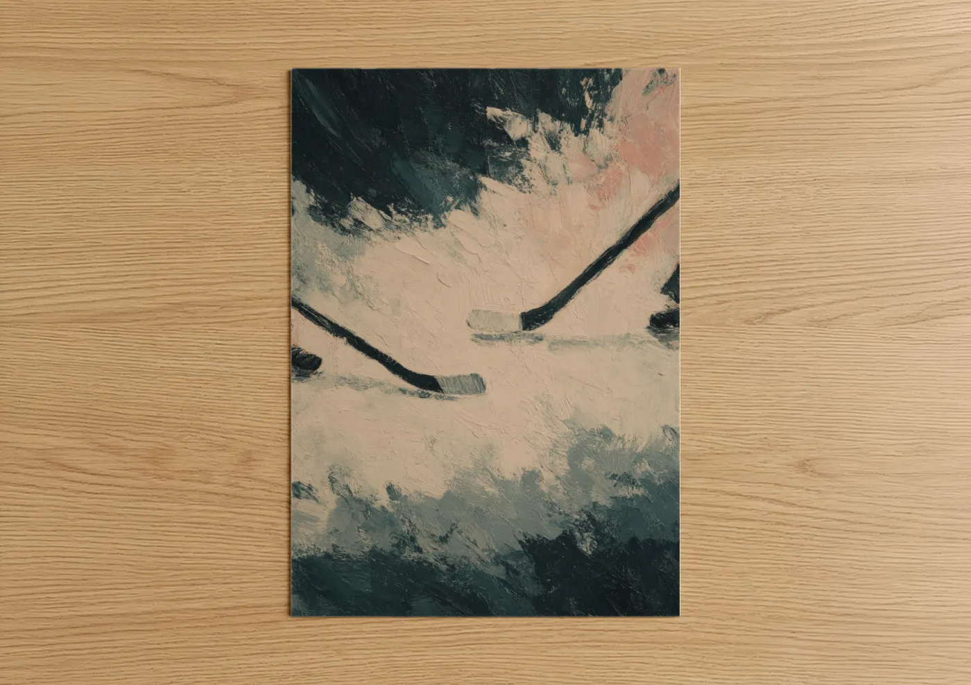 Ice hockey art print on warm oak wood — beige and black and white palette — Frozen Rink poster