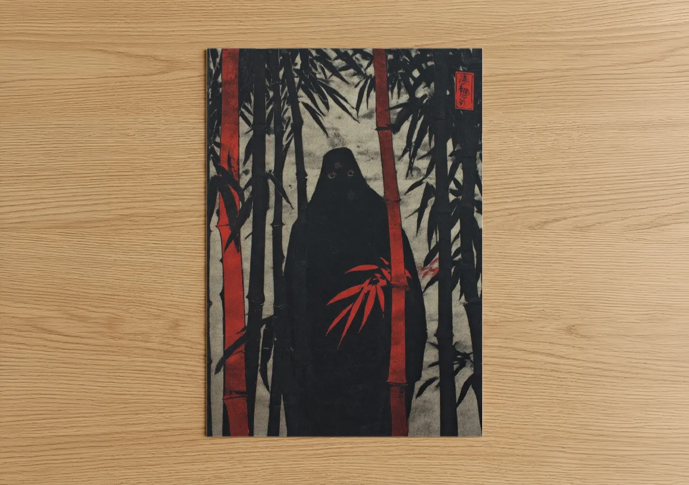 Art print on warm oak wood — black and red palette — Bamboo Ghost poster