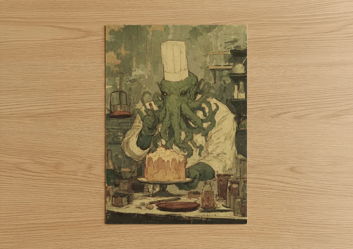 Art print on warm oak wood — olive and beige palette — Chef Cthulhu poster