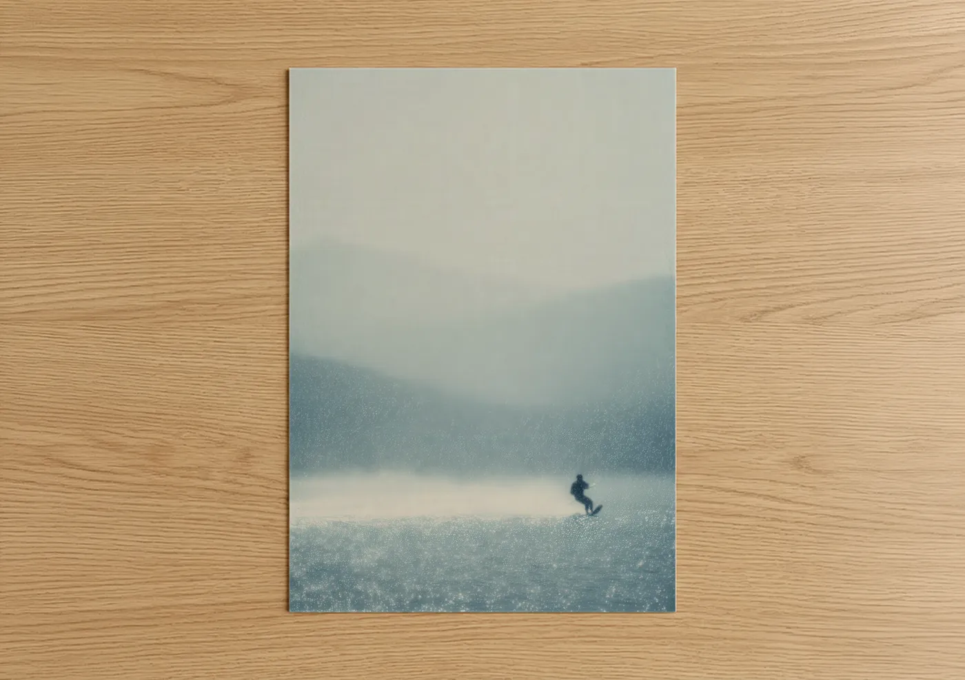 Water skiing art print on warm oak wood — blue and white and gray palette — Misty Water Skier poster