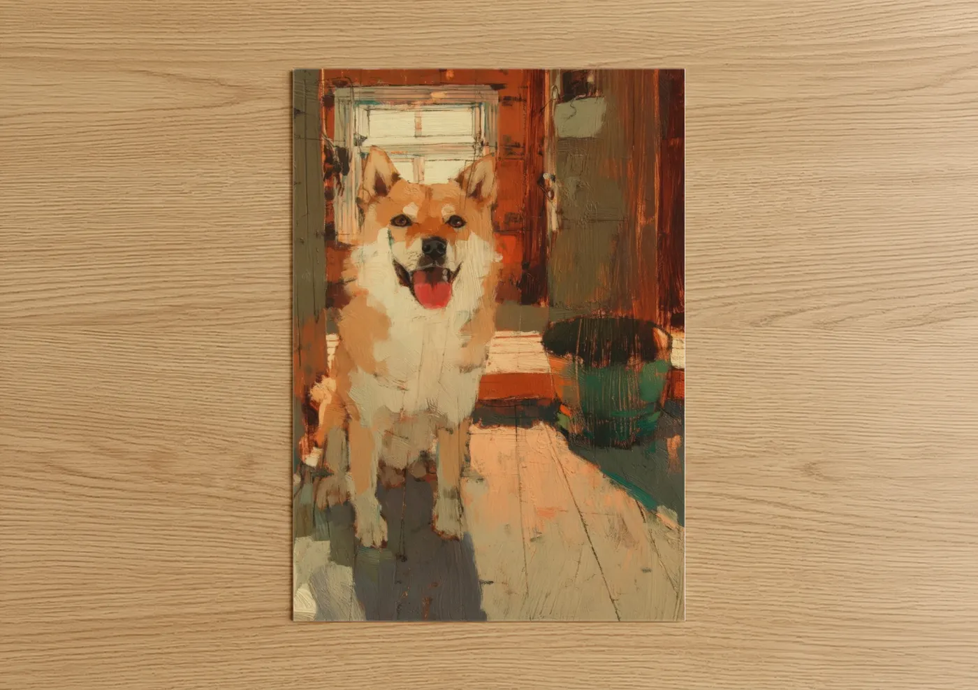 Art print on warm oak wood — gold and cream palette — Smiling Spitz poster
