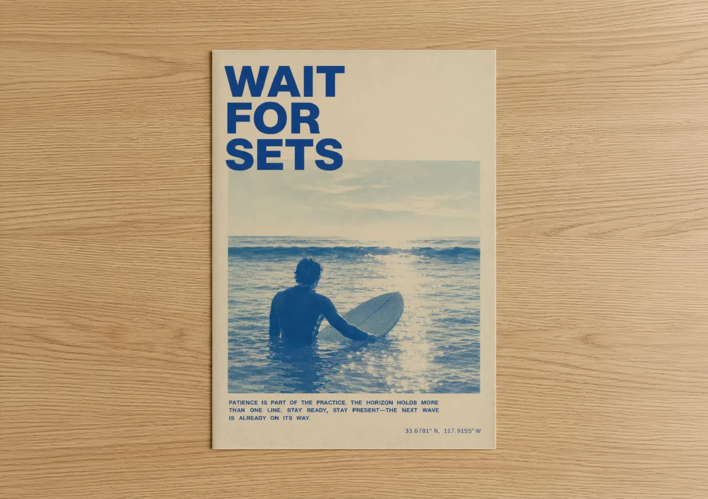 Surfing art print on warm oak wood — blue and cream palette — Surfer Ocean Sunrise Wall Art poster