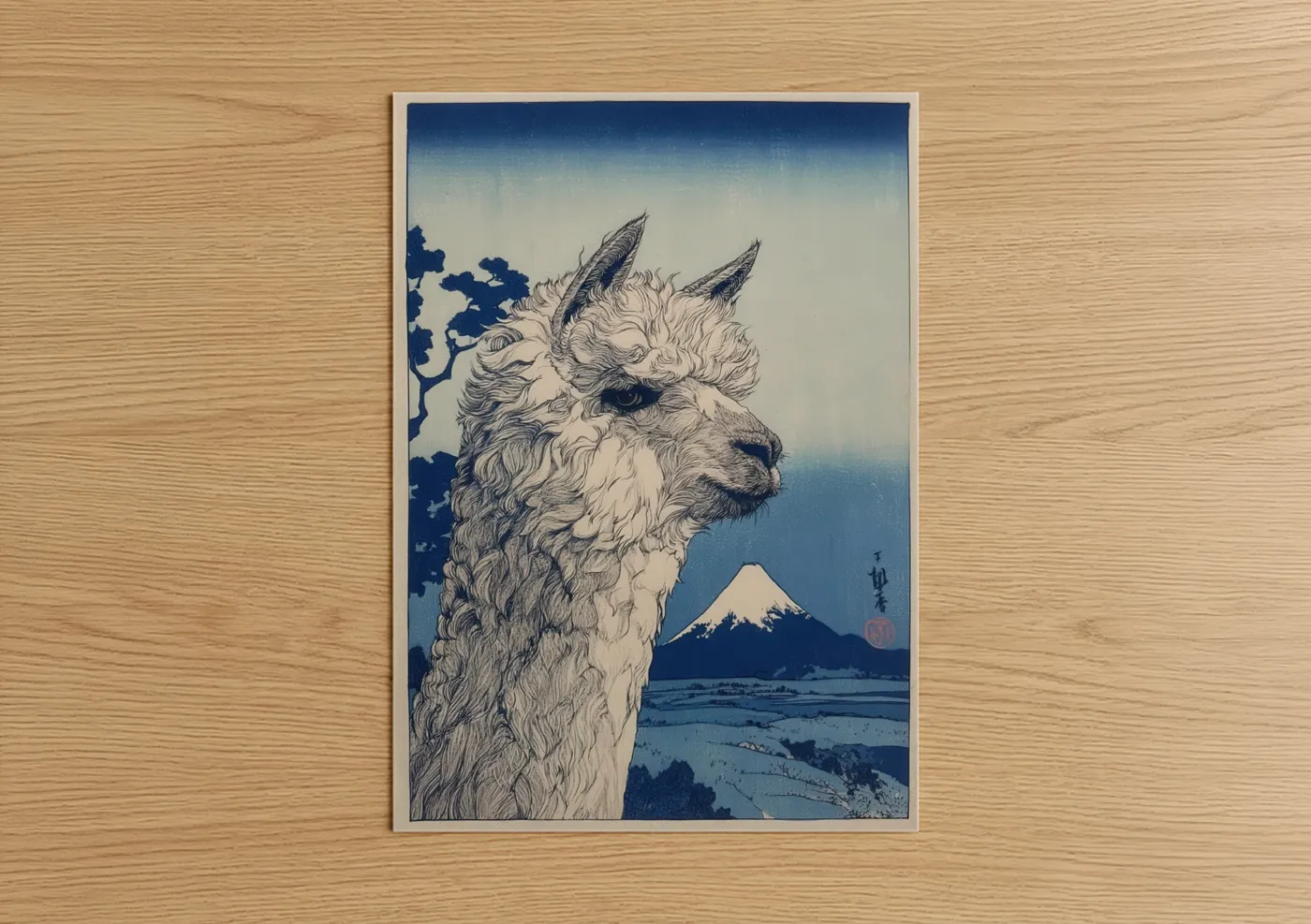 Mount Fuji Alpaca Japanese Woodblock Wall Art
