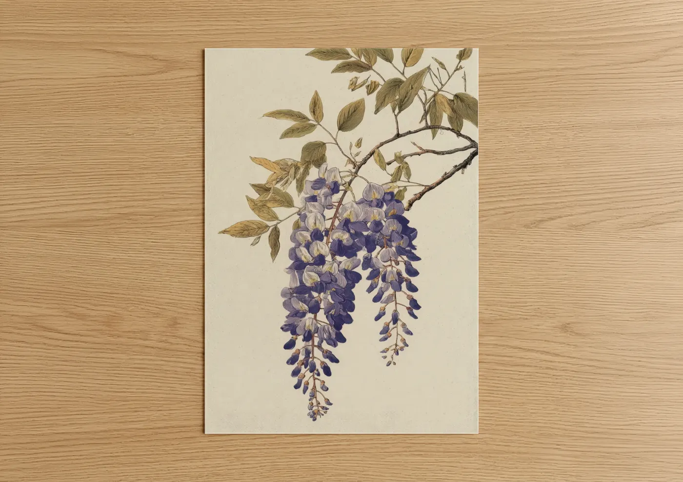 Art print on warm oak wood — lavender and cream palette — Purple Wisteria Cascade poster