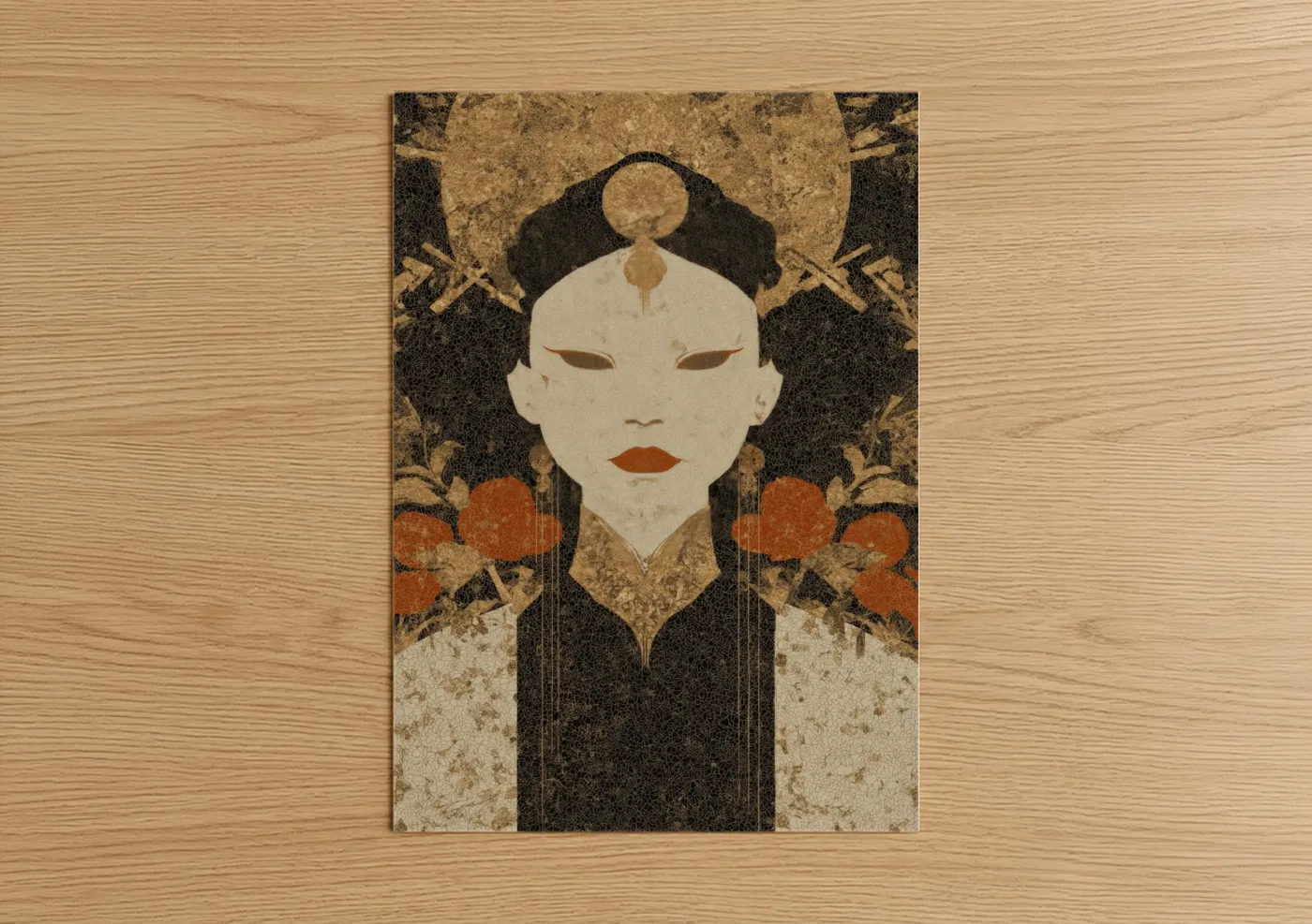Magic and witchcraft art print on warm oak wood — gold and black and gold palette — Mystical Sorceress poster