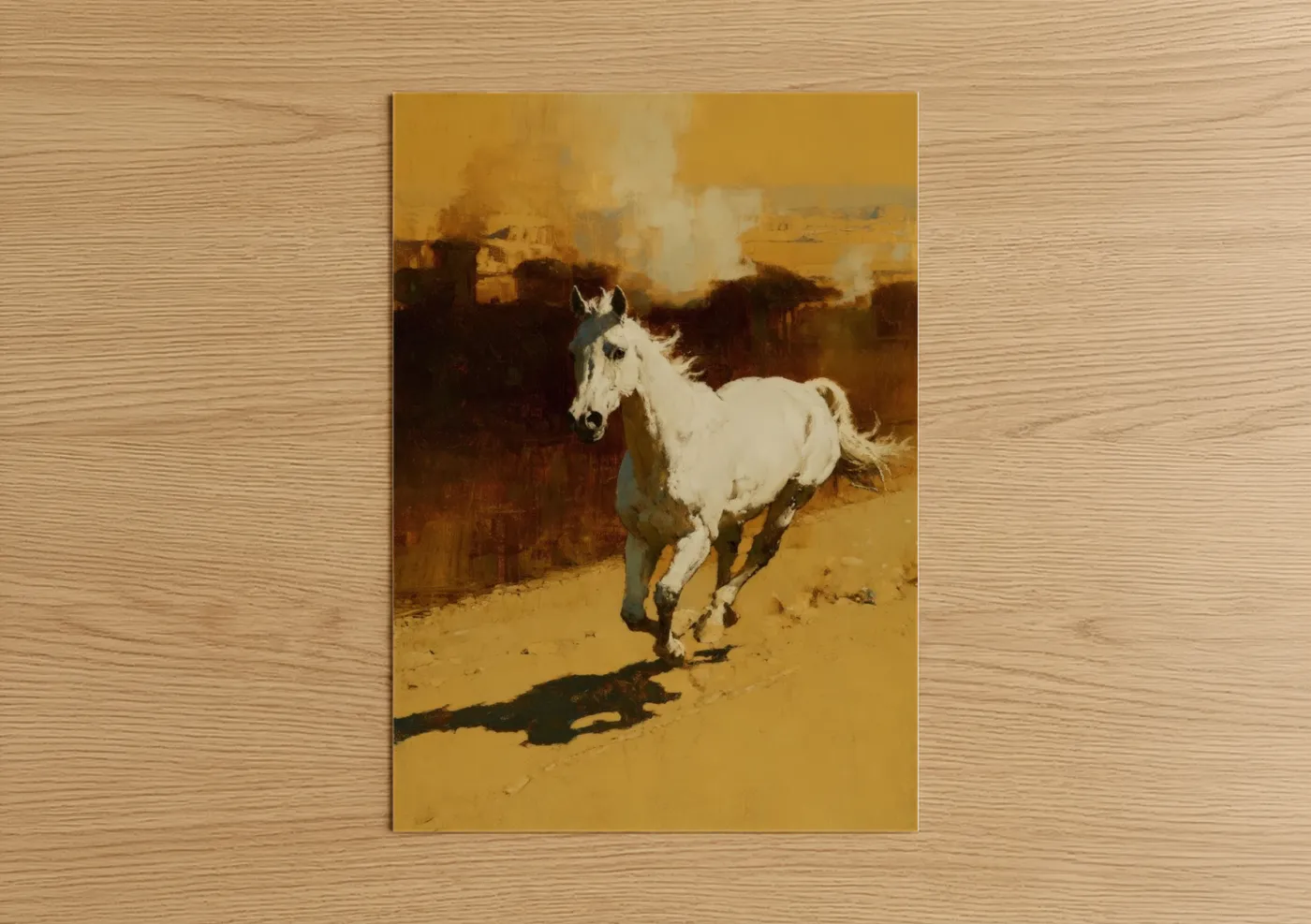 Arabian horse art print on warm oak wood — gold and brown palette — Desert Stallion poster
