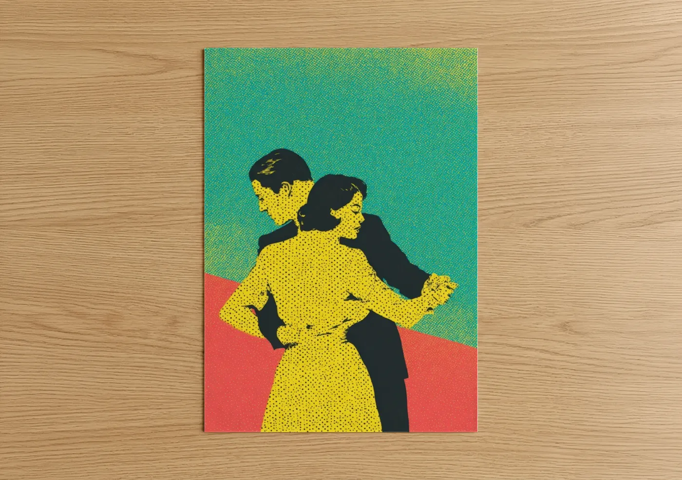 Art print on warm oak wood — yellow gold and turquoise palette — Disco Couple poster