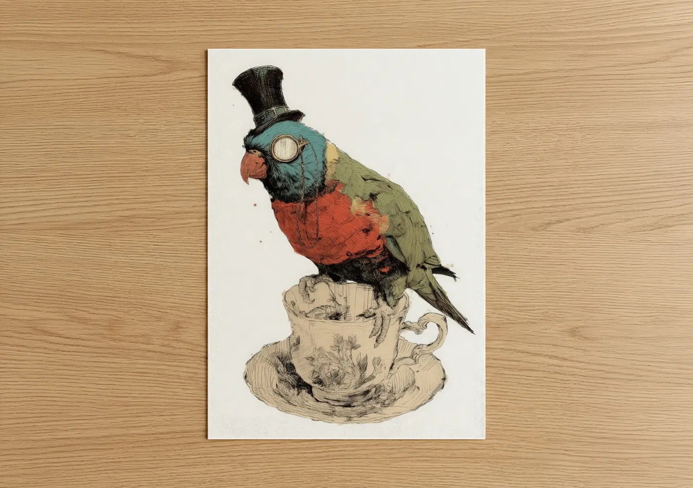 Rainbow lorikeet art print on warm oak wood — turquoise and cream palette — Steampunk Lorikeet poster
