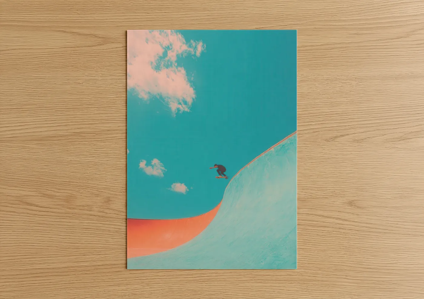 Skateboarding art print on warm oak wood — turquoise and peach palette — Sky Skater poster