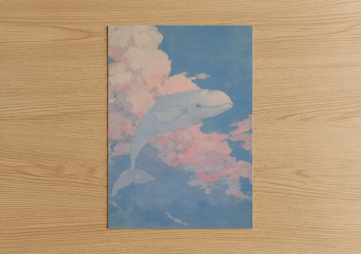 Beluga whale art print on warm oak wood — blue and peach palette — Dreamy Beluga poster