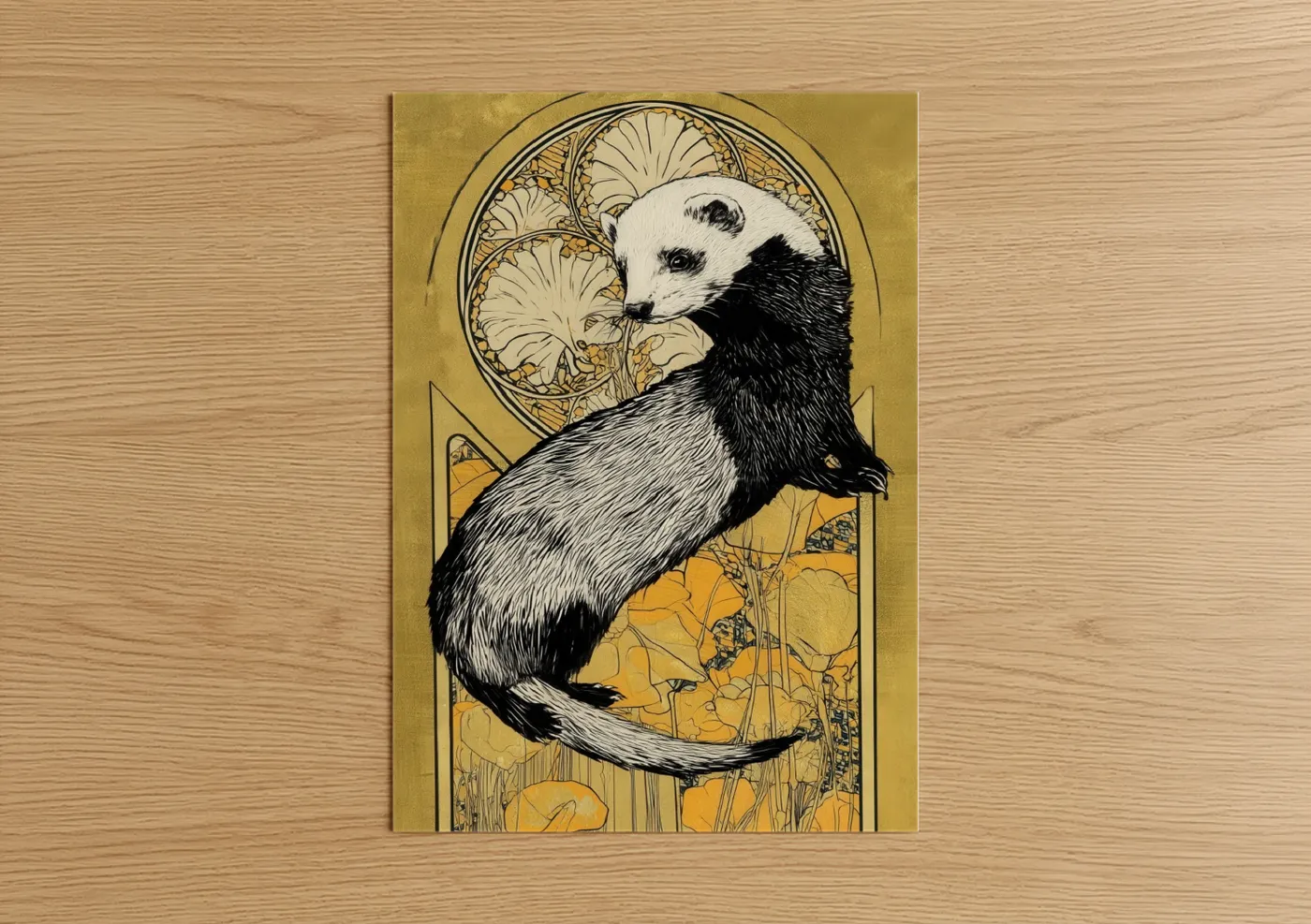 Golden Ferret Art Deco Nature Illustration Wall Art