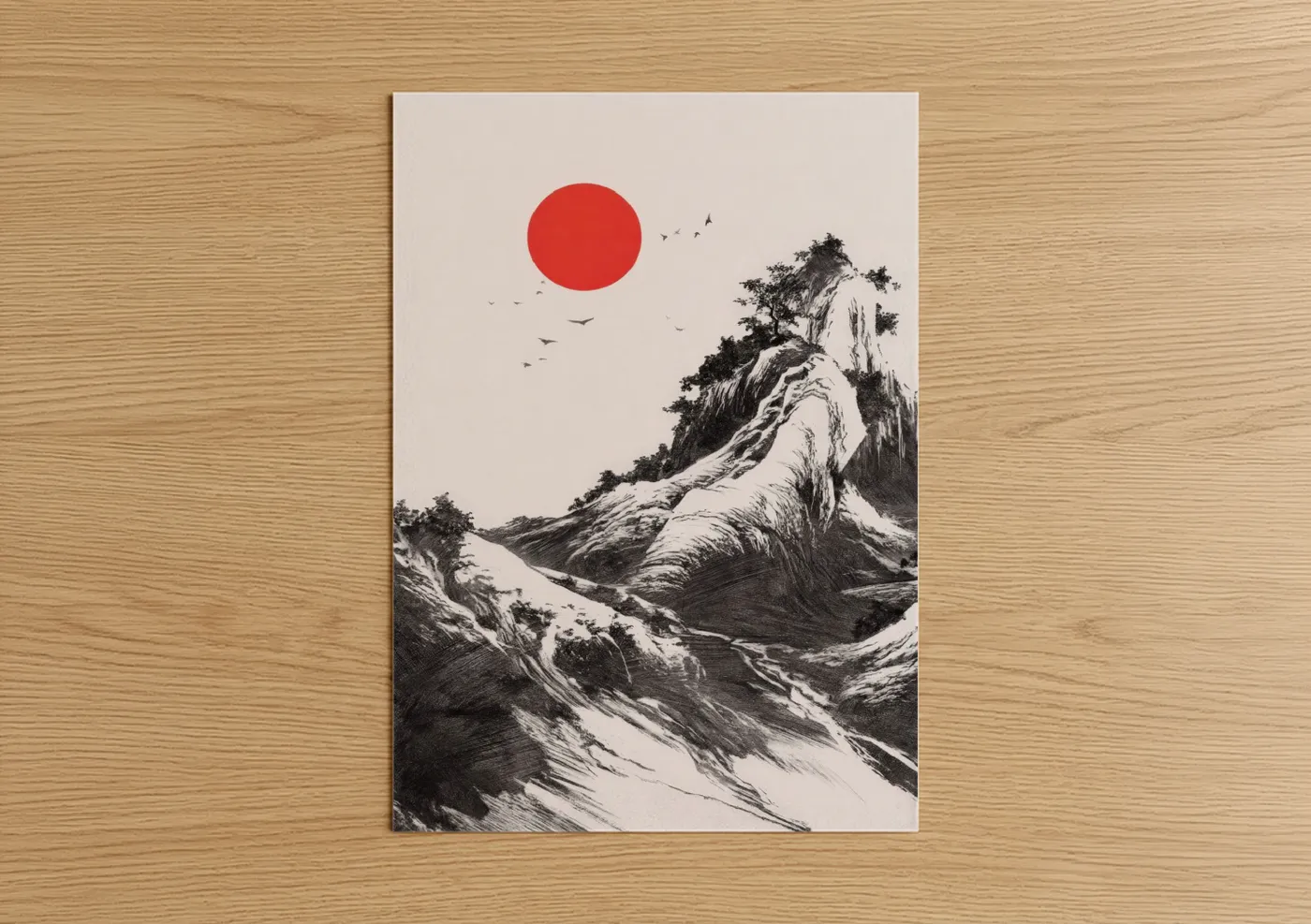 Abstract classic art print on warm oak wood — black and white and red palette — Crimson Mountain Sunrise poster